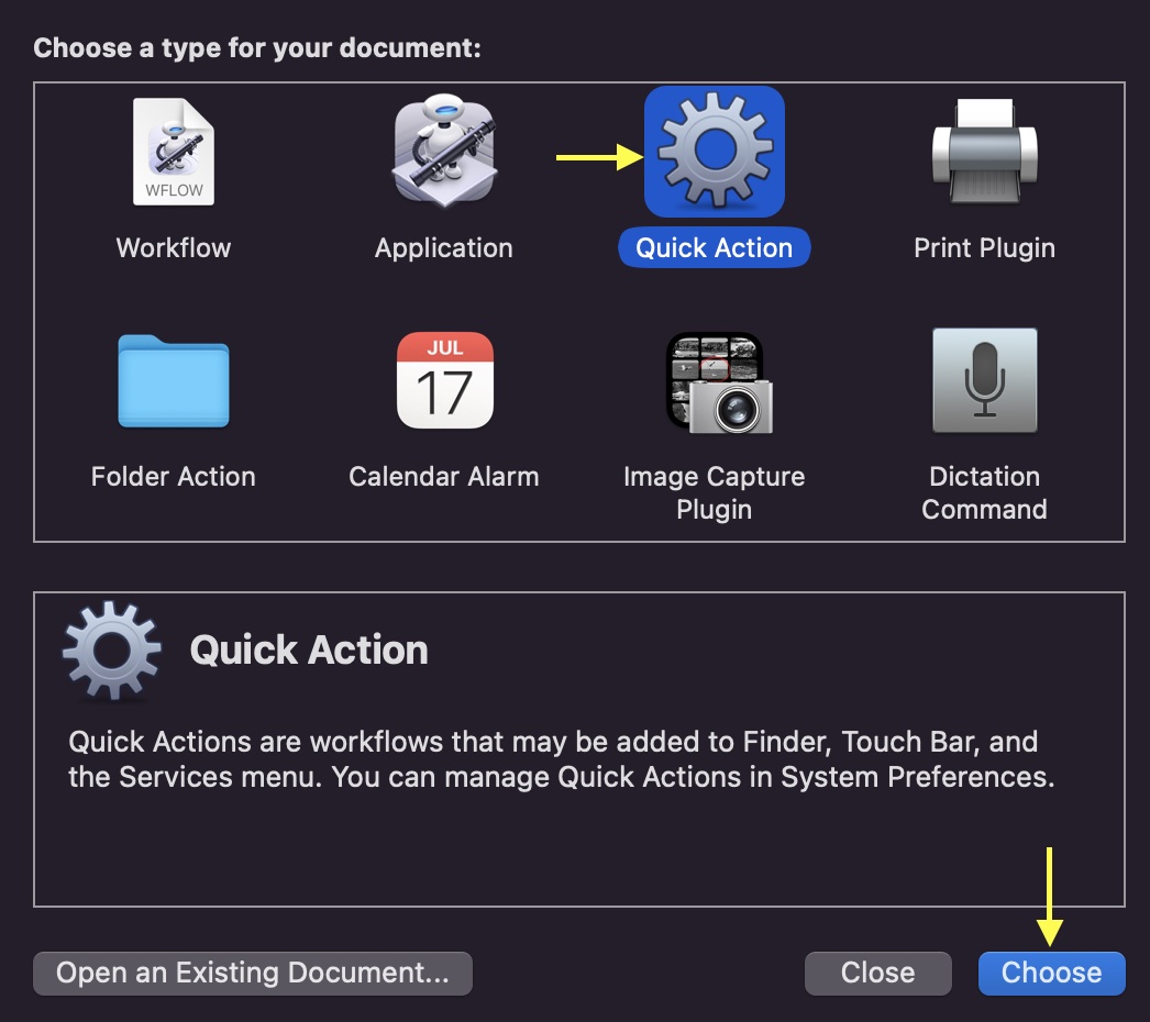 Automator Quick Action in OSX