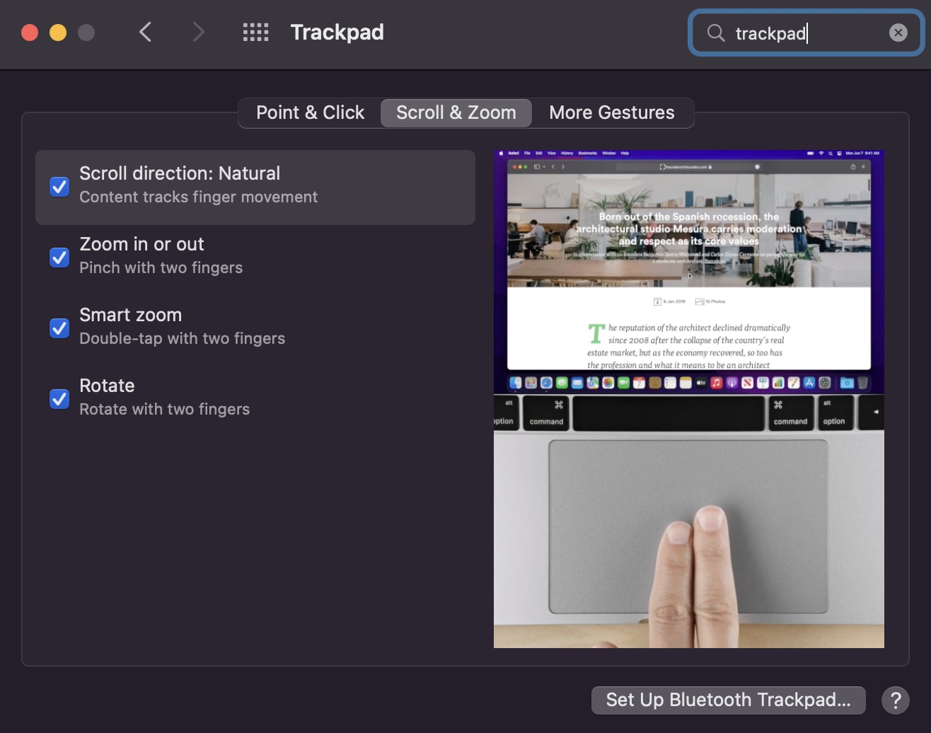 Trackpad Preferences in OSX